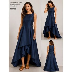 Adrianna Papell Navy Blue Mikado Asymmetrical High-Low Evening Gown Sleeveless